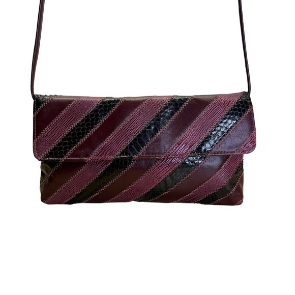 Vintage Dame Burgundy & Black Striped Leather Snake Embossed Shoulder Bag - Picture 1 of 11